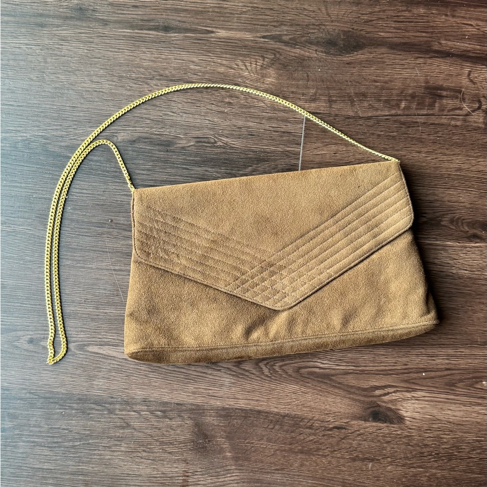 Chic Brown Suede Clutch with Gold Chain